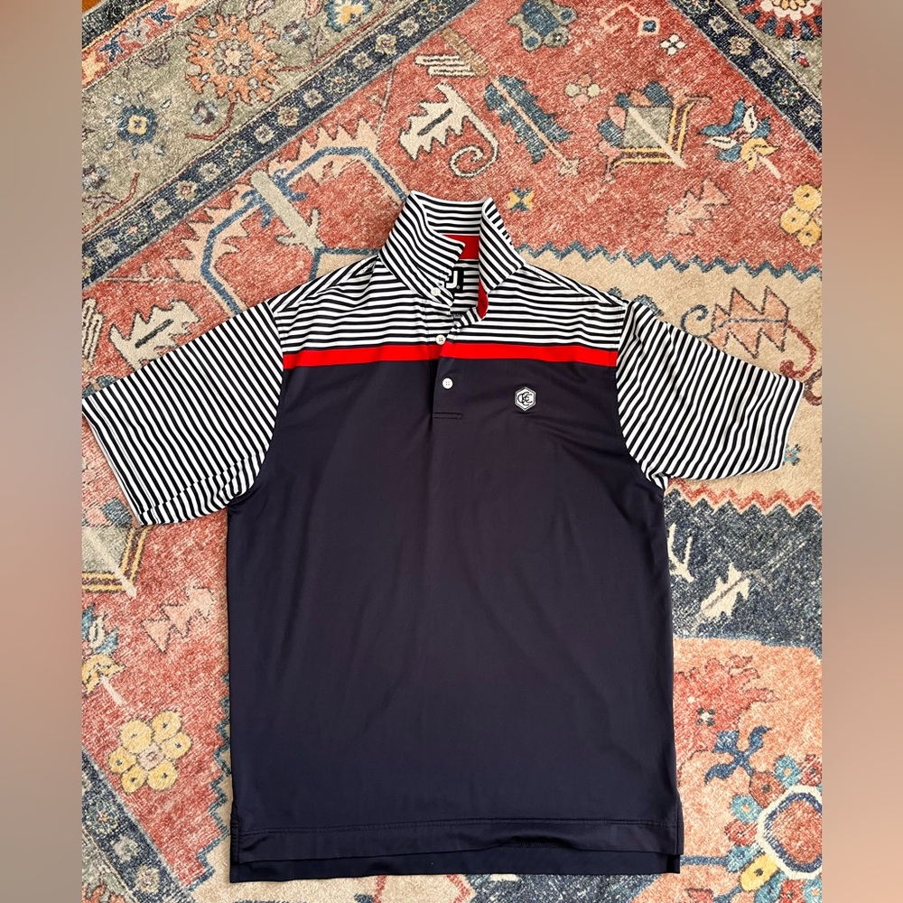 Navy and White Striped Men's Polo Shirt